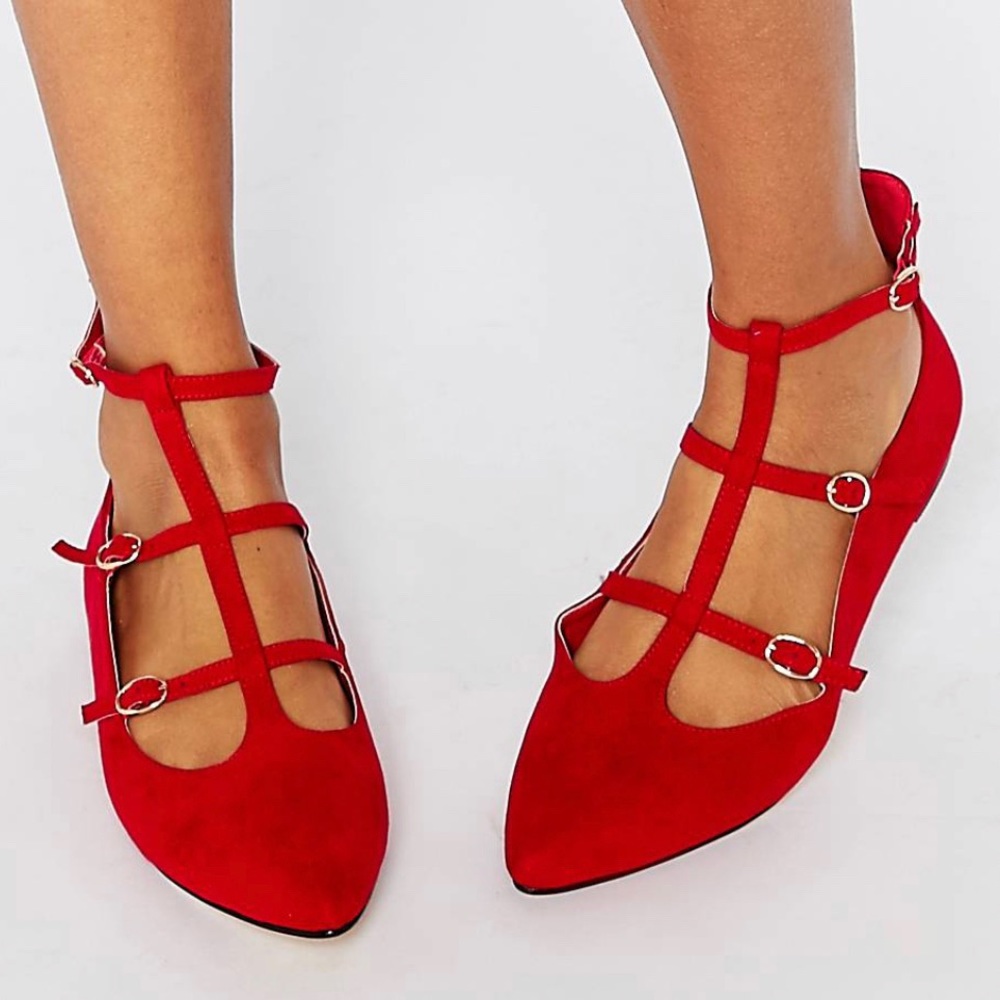 Truffle Collection Nicky T Bar Strappy Point Flat Shoes in Red
